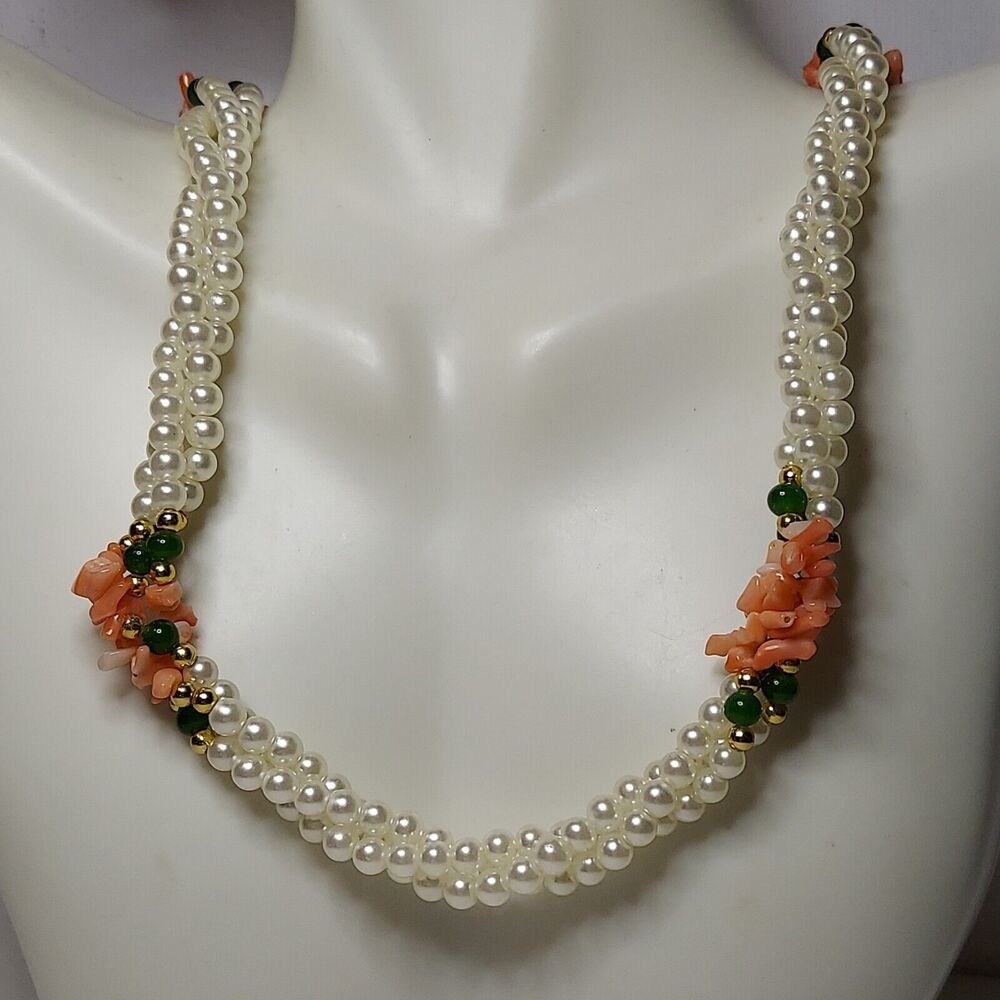 Unbranded Necklace  3-strand Faux pearl with pink flowers 24"